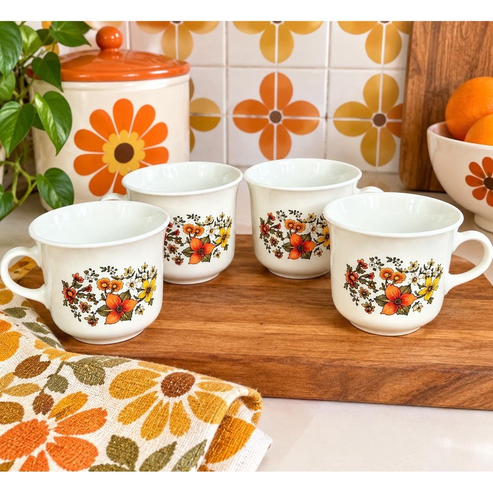 Vintage Corelle Indian Summer Set of 4 Corning Coffee Mugs 1970s Retro Kitchen